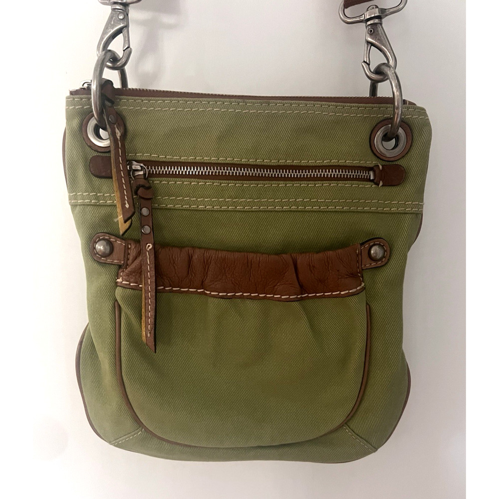 Vtg FOSSIL Messenger Crossbody Handbag Mint Green w/ Brown Cow Leather